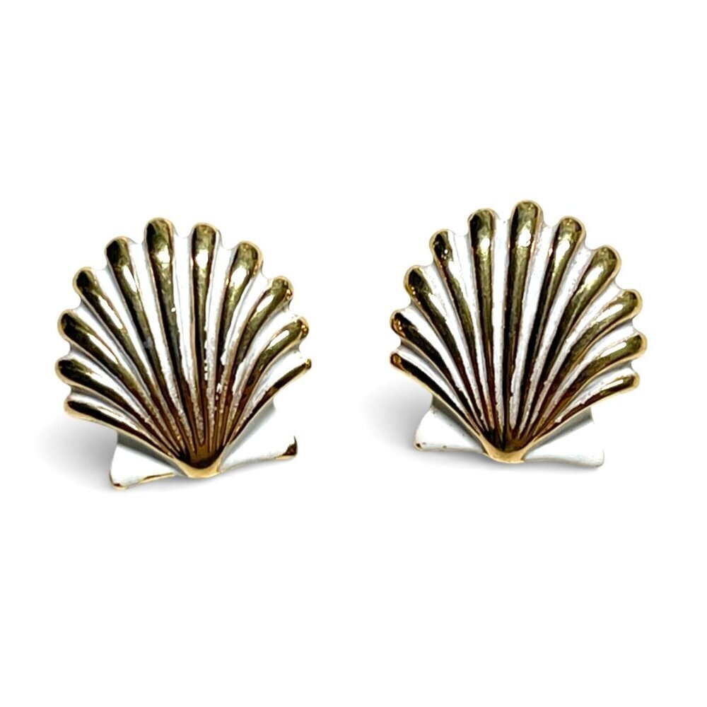 Vintage Monet Gold Tone Seashell Clip On Earrings Signed Nautical White Accents